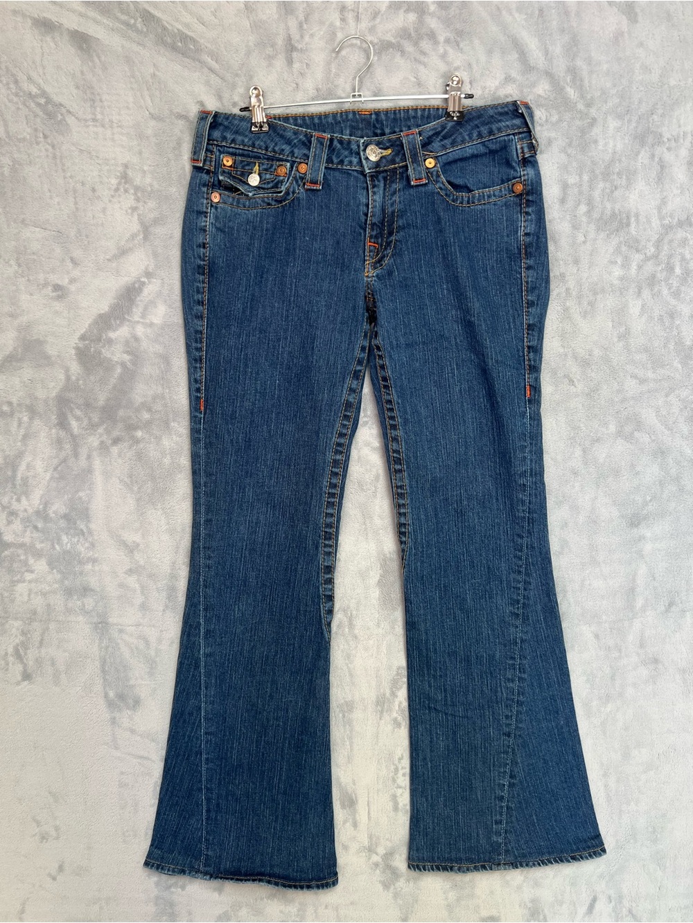 True Religion Joey Super T Jeans 30 Low Rise Flare Yellow Orange Stitch Y2K